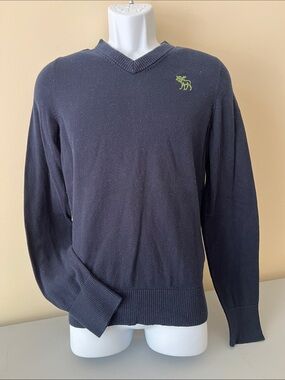 Abercrombie & Fitch Men's Navy V-Neck Sweater with Lime Moose Logo